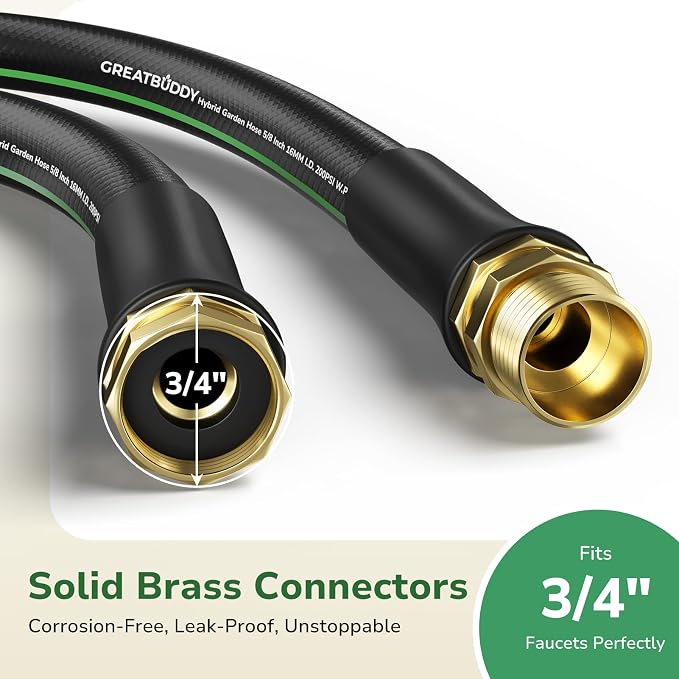 GreatBuddy 100 ft Garden Hose, Flexible Rubber Water Hose 5/8", Heavy Duty, Lightweight Hose, Burst 600 PSI with Solid Brass Male to Female Fittings, Leakproof Hose for Backyard, Garden
