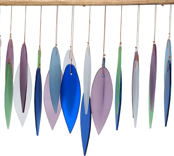 Blue Handworks Mountain Ridge Glass Leaves Wind Chime | Sandblasted Glass and Found Wood Handcrafted Wind Chime