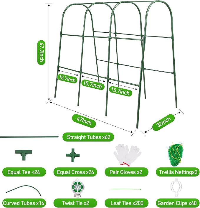 2Pack Cucumber Trellis, Garden Trellis U-Shape Plant Support for Climbing Plants Metel Arch with Netting for Raised Garden Bed Outdoor Cucumbers, Vine Climbing Plant(47.2''X32''x47.2''(LxWxH))