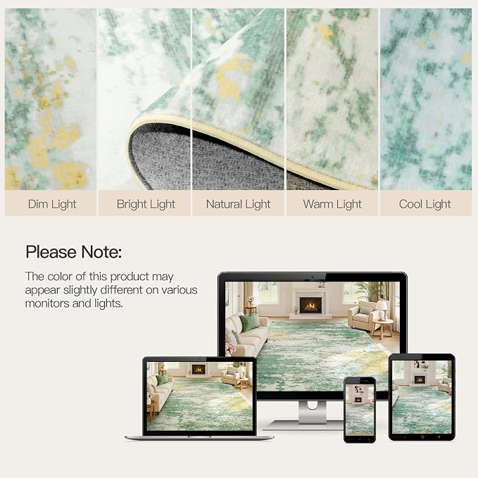 8x10 Area Rug for Living Room, Abstract Washable Large Rugs, Light Green | Soft Neutral Carpet for Bedroom, Dining Room, Home Office Nursery Indoor, Stain Resistant,Non-Slip, Low Pile, Modern Rug