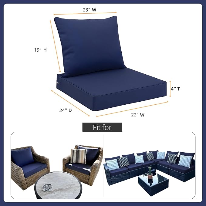 Favoyard Outdoor Seat Cushion Set 22 x 24 Inch Waterproof & Fade Resistant Patio Furniture Cushions with Removable Cover Deep Seat & Back Cushion with Tie Straps for Chair Sofa Couch