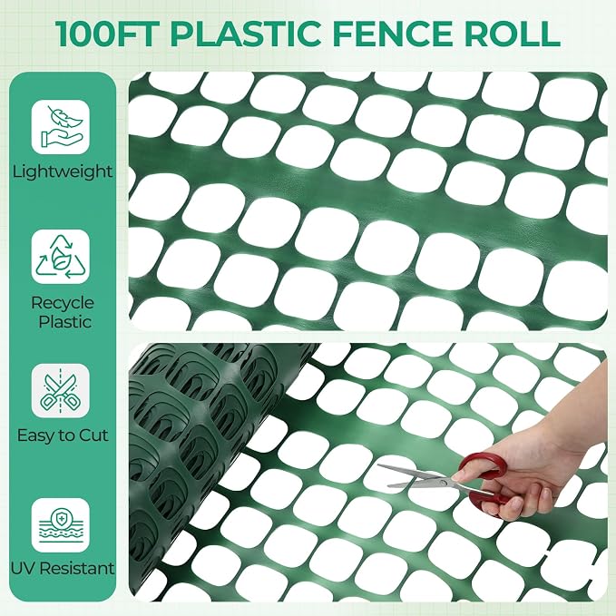 Ohuhu 15LB Heavy Duty Plastic Garden Fence Safety Fence, 4x100 FT Reusable Netting Plastic Mesh Fence Roll, Temporary Fencing for Animal Barrier Pool Fence for Poultry Rabbits Chicken Dogs