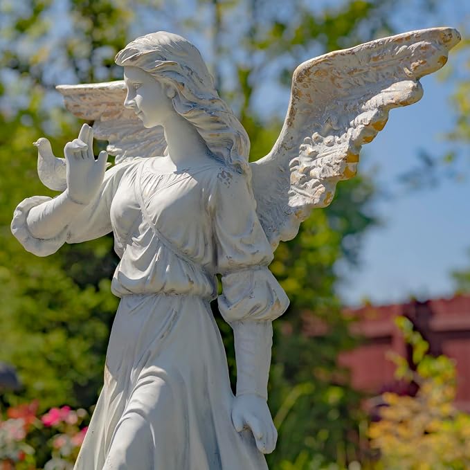 Zaer Ltd. 46" Tall Magnesium Angel Statue with Billowing Dress and Bird Perched on Shoulder in Antique Grey Maria (Antique Grey)