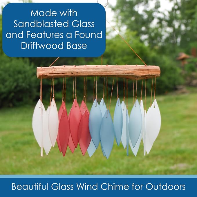 Blue Handworks New England Harbor Glass Chime | Sandblasted Glass and Found Wood Handcrafted Wind Chime