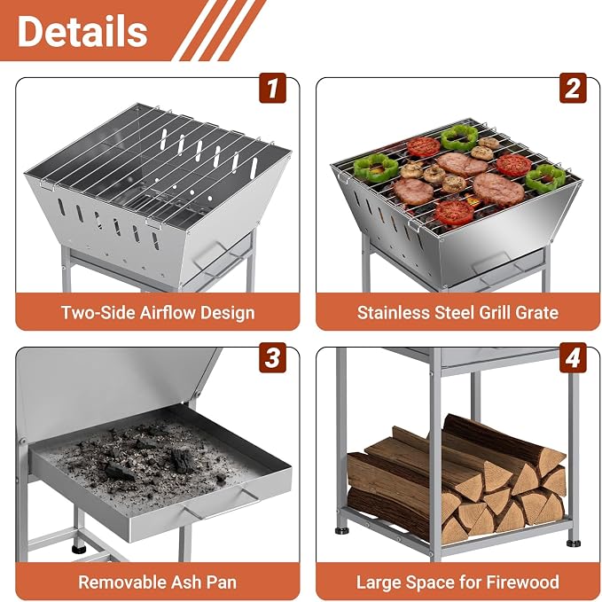 24" Fire Pit with Wood Storage, Fire Pits for Outside Wood Burning, Silver | Premium Stainless Steel, Low-Smoke Design, Removable Ash Tray, Heat-Proof Handles, for Grilling, Heating & Firewood Storage