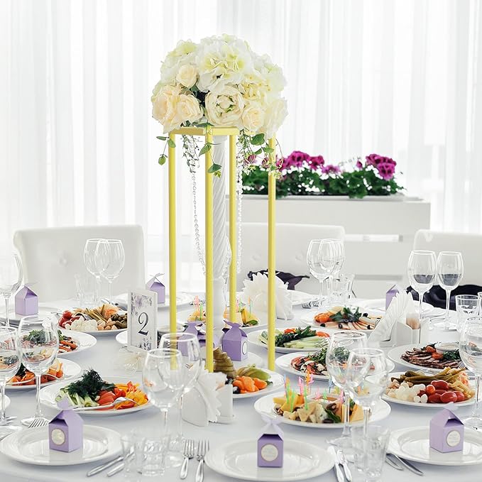 Gold Cylinder Stands for Party,2pcs Wedding flower stand,Metal Square Pedestal Stand for Display plant Parties Birthday Decor,31.5 Inch