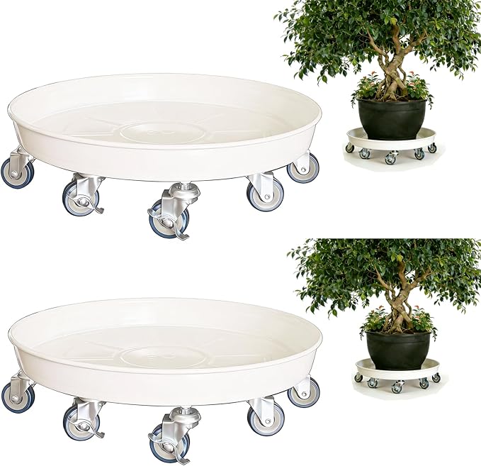 SIAMO 16" Heavy Duty Plant Caddy (430lbs Capacity)-Lockable Non-Scratch Swivel Casters Rolling Plant Stand Saucer for Hardwood Floor & Patio Indoor & Outdoor Use,2-Pack,White