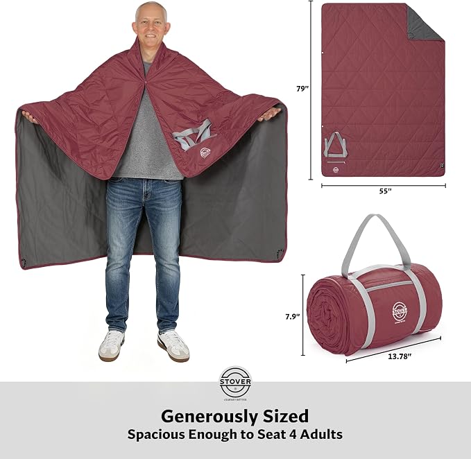 STOVER Large Waterproof Outdoor Stadium Blanket- Extra Thick Soft Fleece Camping Blanket for Travel, Picnics, Sports, 79"x55", Warm, Windproof, Sand-Proof, Lightweight, Packable (Game Day Crimson)