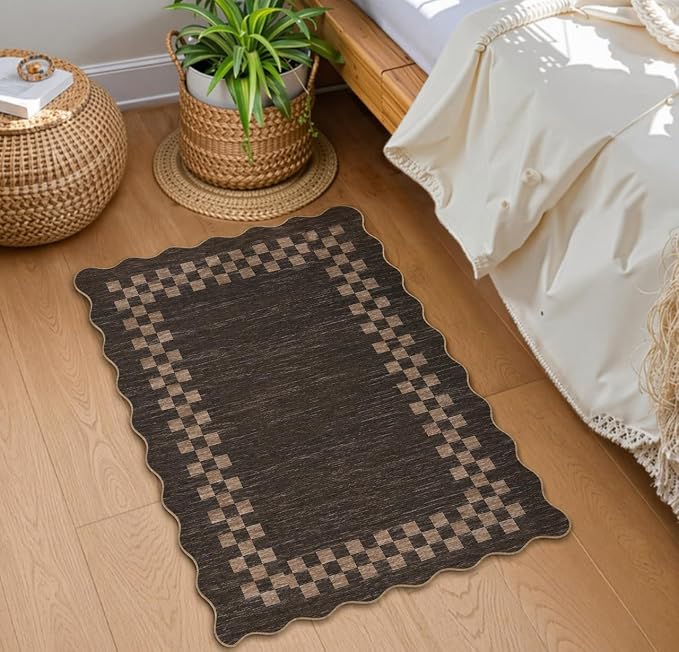 GarveeHome Small Area Rug 2x3 Solid Color Washable Scalloped Kitchen Rugs | Modern Checkered Entry Rug Bedroom Doormat Non Slip Stain Resistant Bordered Throw Carpet for Living Room Nursery, Brown