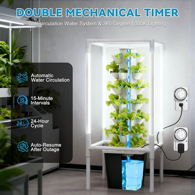 JESLED 6 Tiers Hydroponics Growing System Kits with LED Grow Lights,Tent | Dual Auto Timers Indoor Vertical Hydroponic Tower with Water Tank, Pump and Humidity Cover for Home Kitchen, Class, 30Pods