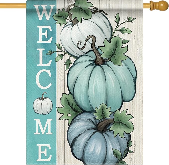 Welcome Fall Teal White Pumpkins Decorative House Flag, Autumn Farmhouse Seasonal Garden Yard Outside Decorations, Thanksgiving Rustic Burlap Outdoor Large Home Decor Double Sided 28 x 40
