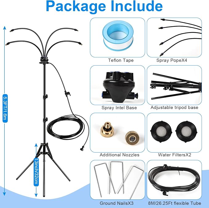 Standing Misters for Outside Patio - 5.3FT Stand Misting System for Cooling Outdoor Areas, Easy to Install & Maintain, 4 Adjustable Nozzles for Custom Coverage, Durable for Backyard Use