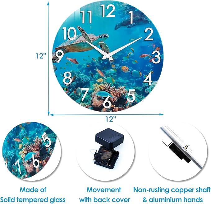 Crosstime 12 Inch Outdoor Clock – Waterproof Tempered Glass with Sea Turtle & Marine Life Theme, UV Resistant, Silent Nautical Coastal Decor Wall Clock for Patio, Pool, Garden, Backyard, Bathroom