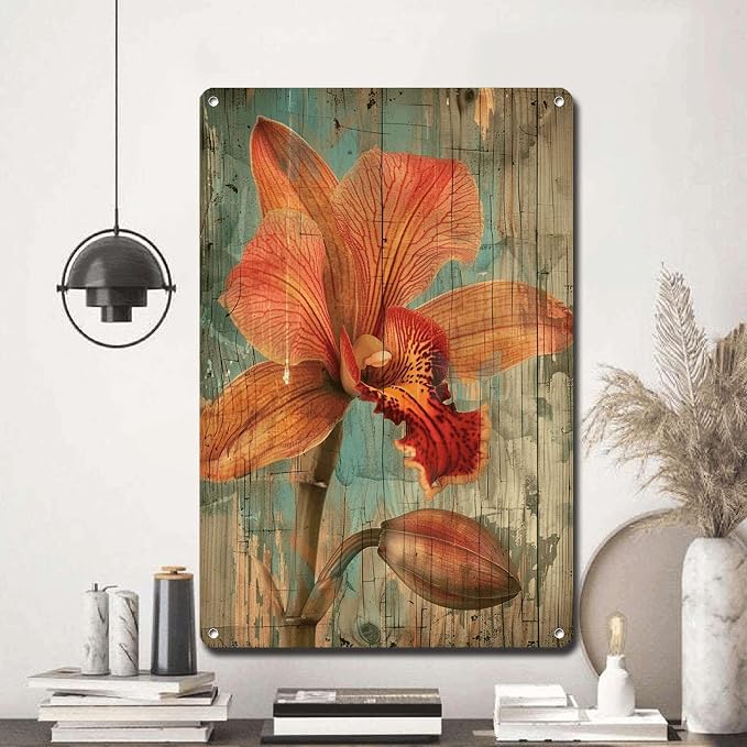 Metal Sign Tin Sign Vintage Wall Art Shabby Chic Orchid Tin Sign for Exotic Flora Art Vintage Wall Displays and Distressed Wood Panels Boho Bedroom Decorations for Home Decor 8×12 Inches