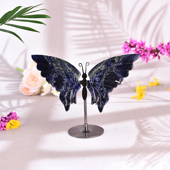JIC Gem Large Blue Sodalite Quartz Crystals Butterfly Art Decorative Stones Natural Blue Rocks Healing Crystal Carved Angel Wings with Display Decor Reiki Gifts (1pair, 10cm)