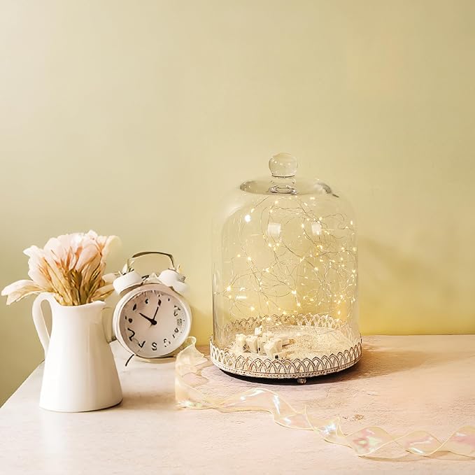 Twakutwku 14" Tall Large Sturdy Handmade Glass Cloche Dome with Metal Base in Shabby White for Plant, Terrarium, Collectibles, Candle. Cloche Glass Dome, Bell Jar Display Case (Shabby White, 14")