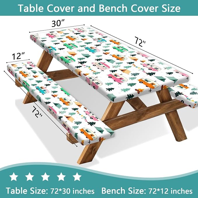 Camping Picnic Table Cover with Bench Covers Elastic Edges, Waterproof Windproof Outdoor RV Tablecloths with Drawstring Bag, Rectangle Tables and Seats Cover 30X96 inch