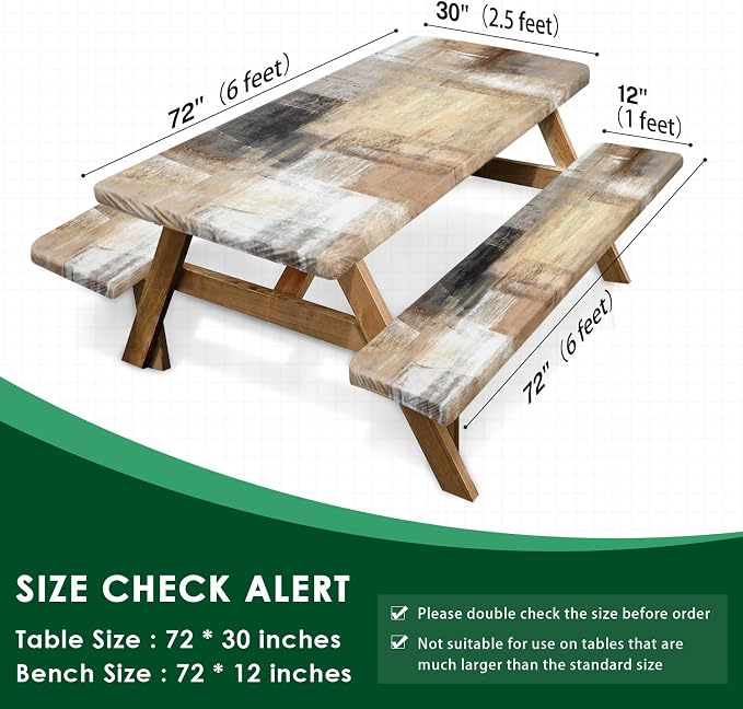 Brown Beige Painting Picnic Table Cover with Bench Covers, Grey Office Contemporary Abstract Outdoor Camping Essentials 6FT 3PCS Fitted Rectangle RV Must Haves Tablecloth with Drawstring Bag