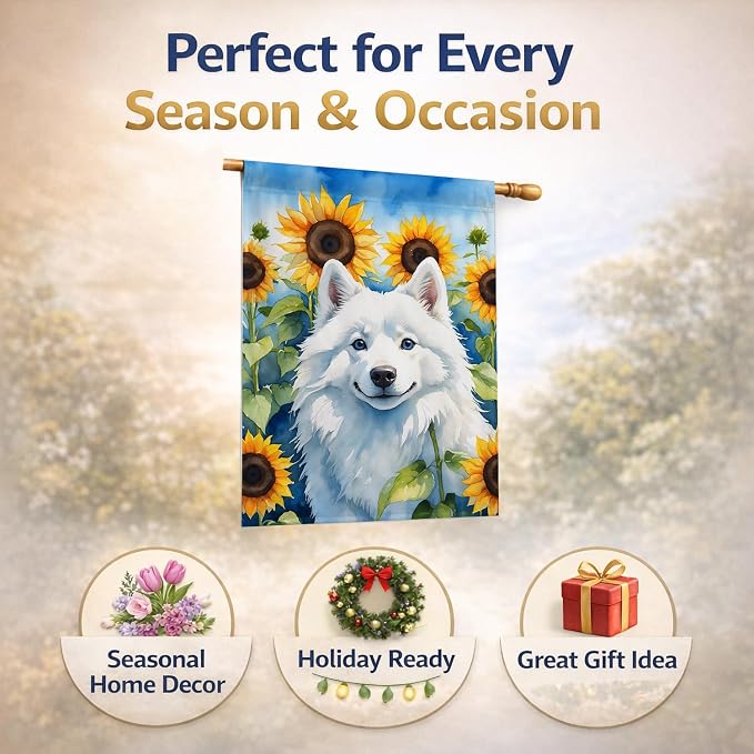Caroline's Treasures DAC6008CHF American Eskimo in Sunflowers House Flag Large Porch Sleeve Pole Decorative Outside Yard Banner Artwork Wall Hanging, Polyester, House Size, Multicolor