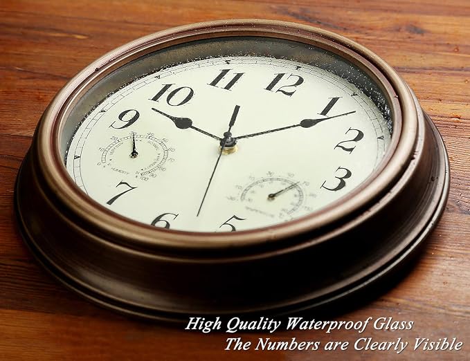 Rsobl 12 Inch Indoor Outdoor Wall Clock Waterproof with Temperature and Humidity Combo,Battery Operated Non Ticking Silent Clock Wall Decorative