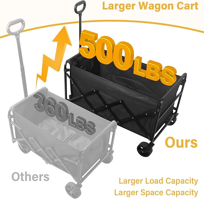 Collapsible Wagons Carts Foldable Heavy Duty, 500LBS Collapsible Wagon Cart Foldable with Wheels & Brakes, Large Folding Wagon Cart Utility for Camping, Picnic, Beach, Grocery, Sport, Shopping