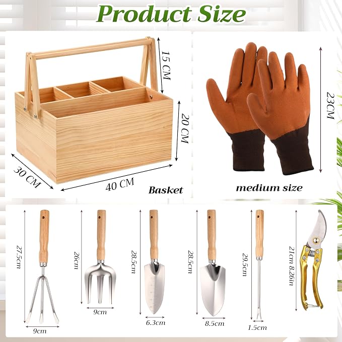 Remerry 8 Pcs Gardening Tools for Women Harvest Basket Vegetables with Handles Wood Stainless Steel Tool Kit Garden Caddy Spring Harvesting Basket Gift for Mother Gardening Lovers Enthusiast Planting