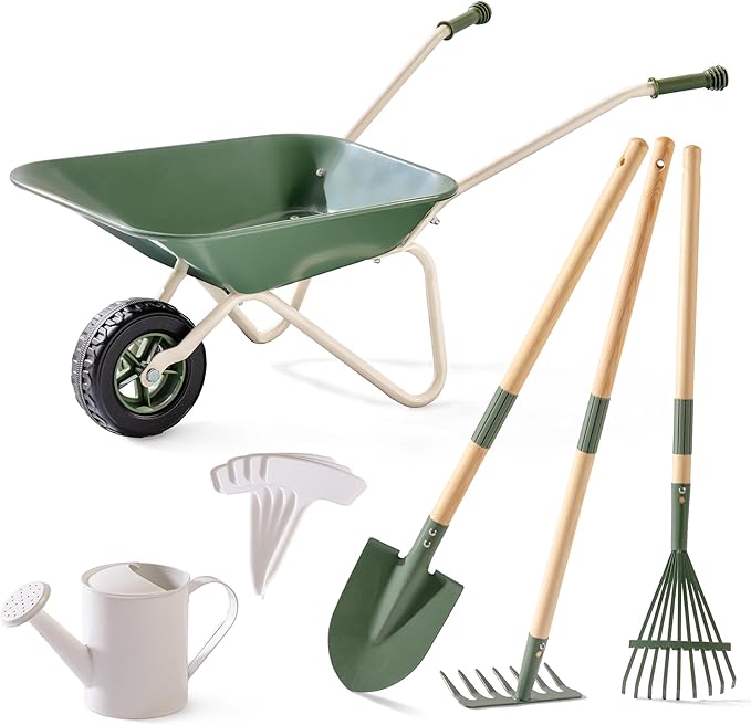 ROBUD Kids Wheelbarrow with Gardening Tools Set, Educational Kids Gardening Set with Kid Wheelbarrow, Toddler Gardening Set, Watering Can, Plant Labels, for Ages 3+ Boys Girls(Green)