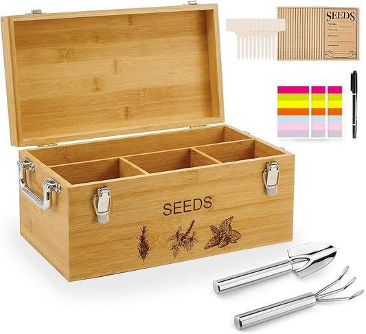Natural Bamboo Seed Storage Organizer Box – Large Seeds Saver Kit Included Stainless Steel Garden Tools, 20 Seed Envelopes, 10 Wooden Plant Labels, Mark Pen & 3 Color Stickers