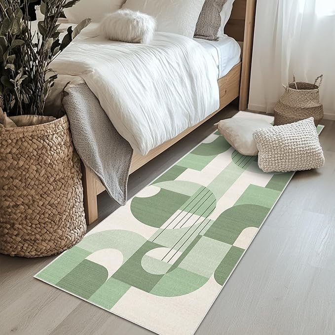 2x6 Green and White Geometric Boho Runner Rug for Kitchen Entryway Hallway Abstract Area Rug Machine Washable Non-Slip Carpet for Bedroom Bathroom Bedside