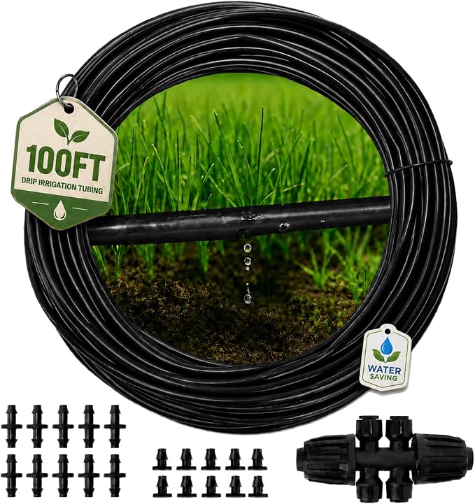 MIXC 1/4" Irrigation Dripline Tubing (100 Ft Roll), Saving 80% Water, 6" Emitter Spacing, 0.5 GPH Emitters Built-In Drip Irrigation Line with 1/4" Fittings Included, Black