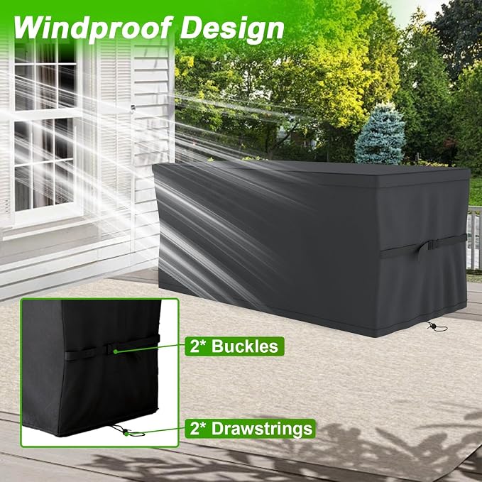 EVRBUL Upgraded Deck Box Cover 63×30×28 Inch for 150-230 Gallon Outdoor Storage Container Heavy Duty 420D Cover with Durable Two-way Zipper Windproof Buckles and Drawstrings