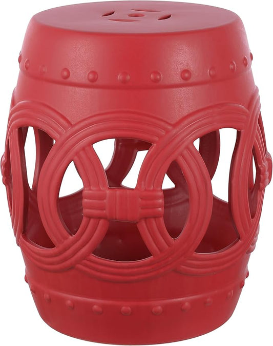 JONATHAN Y Lucky Coins 16" Ceramic Garden Stool, Contemporary Matte Red Cutout Interlocking Rings Drum Indoor/Outdoor Side Table and Plant Stand for Patio, Garden, Living Room TBL1022C