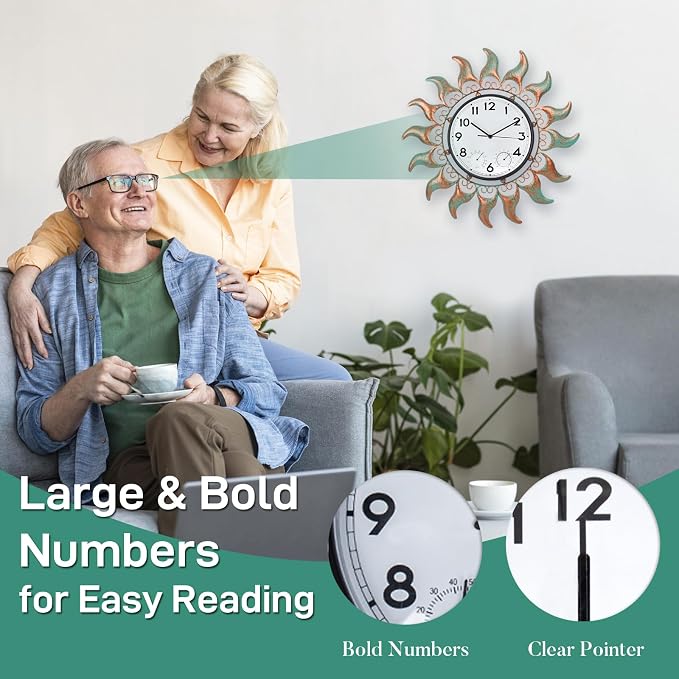 Outdoor Clock with Thermometer and Hygrometer Combo, 13 Inch Bronze Sun Outdoor Wall Clock Waterproof, Silent No-Ticking Outdoor Clocks for Patio, Living Room, Kitchen, Garden