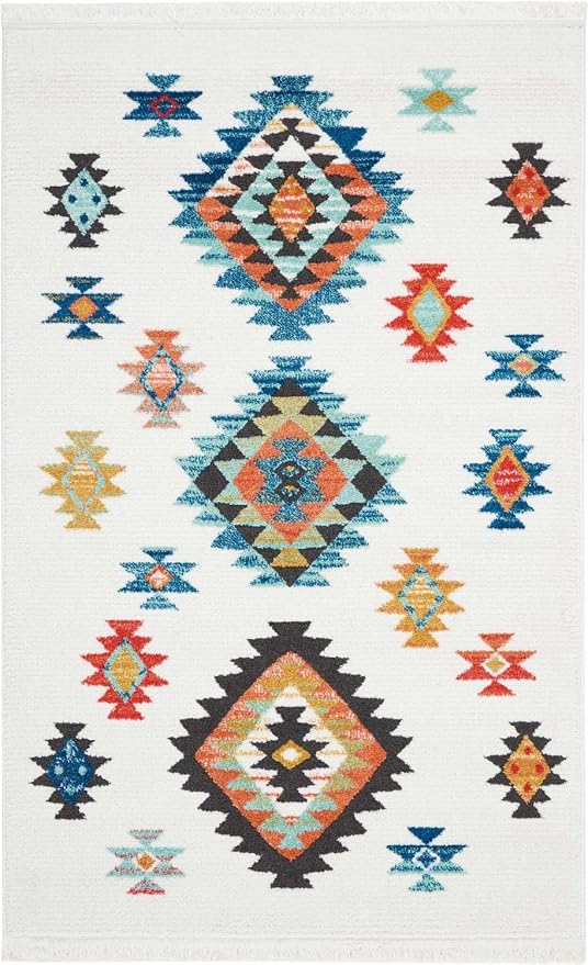 Nourison Home Tribal Decor White 3'11" x 6'2" Area Rug - Easy Clean, Non Shedding, Bed Room, Living Room, Dining Room, Kitchen (4' x 6')
