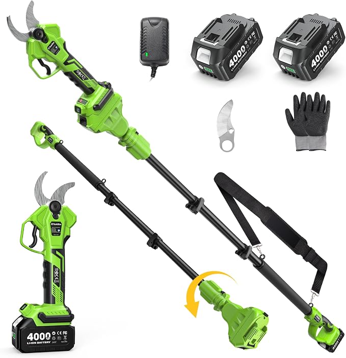 TaskStar 2-in-1 Electric Pruning Shears: 1.6" Cutting Diameter 9Ft Cordless Pole Pruner - 2 x 4000mAh Batteries, Extra SK5 Blade, 4 Cutting Modes Brushless Branches Cutter for Flower Tree Trimming