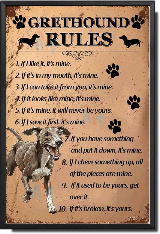 Metal Sign Tin Sign Vintage Wall Art Grethound1 Rules Funny Garden Signs for Bar 12×16 Inches with Metal Frame