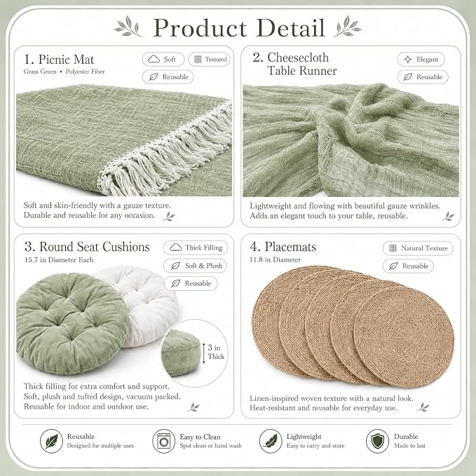 Cinrobiye Boho Picnic Party Set for Outdoor, Aesthetic Picnic Setup with Large Picnic Blanket, Floor Cushions, Table Runner, Napkins, Balloons for Wedding, Bridal Shower, Birthday(Green)