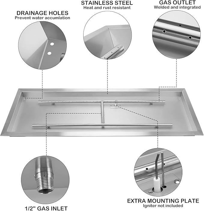 Stanbroil 30 x 10 Inch Rectangular Drop-in Gas Fire Pit Burner Kits with All Accessories Required for DIY Fire Pit, 304 SS, Propane Gas Version