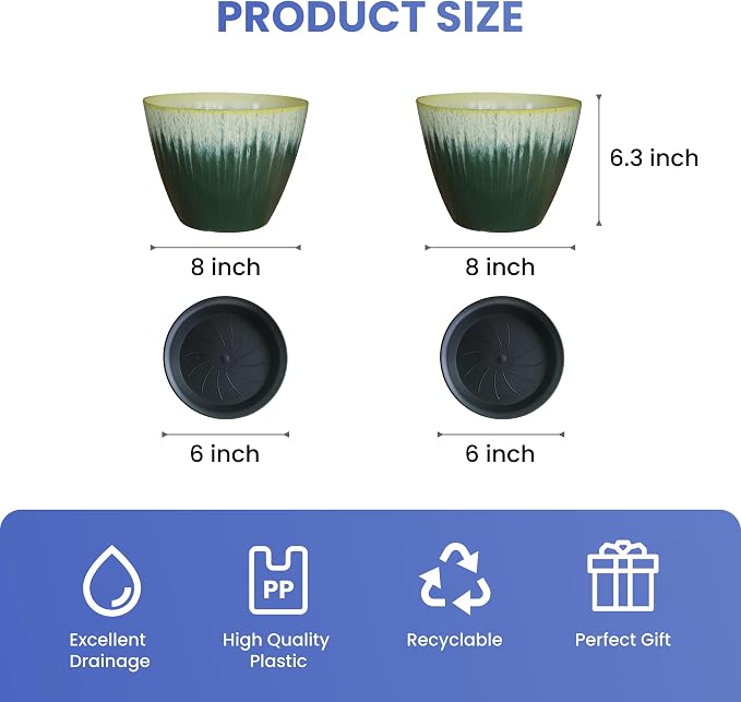 Pack of 2 Flower Pots, Plastic Plant Pots with Drainage Holes, 8 inch Modern Glossy Finishing Planter for Indoor Outdoor Plants (Green Glaze, 2 Pack)