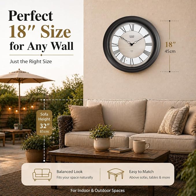 Pytha Sight 18 Inch Outdoor Clocks Waterproof, Atomic Analog Large Roman Numerals Outdoor Wall Clock with Light Sensor, Silent Non-Ticking Outdoor Clock for Patio Garden Porch Pool