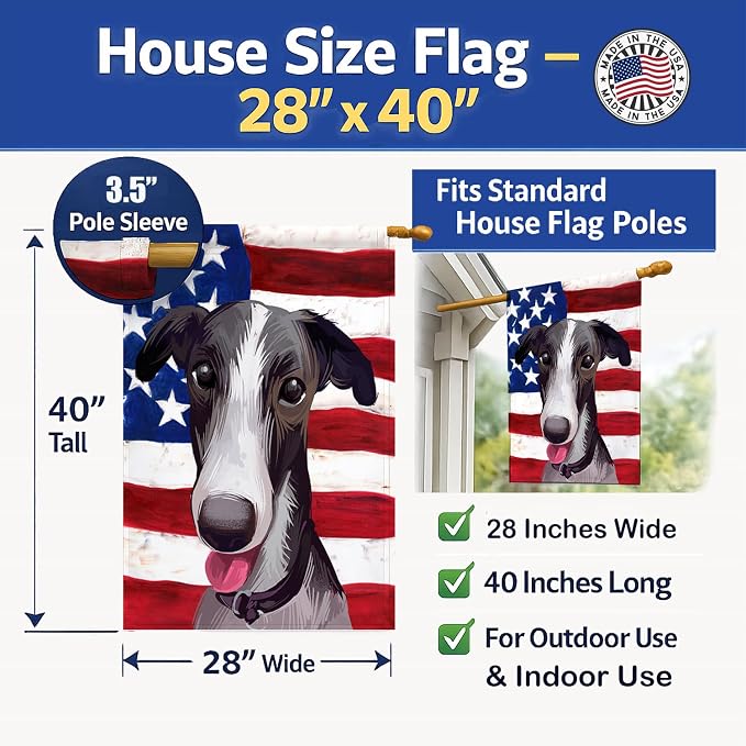 Caroline's Treasures CK6651CHF Polish Greyhound Dog American Flag House Flag Large Porch Sleeve Pole Decorative Outside Yard Banner Artwork Wall Hanging, Polyester, House Size, Multicolor