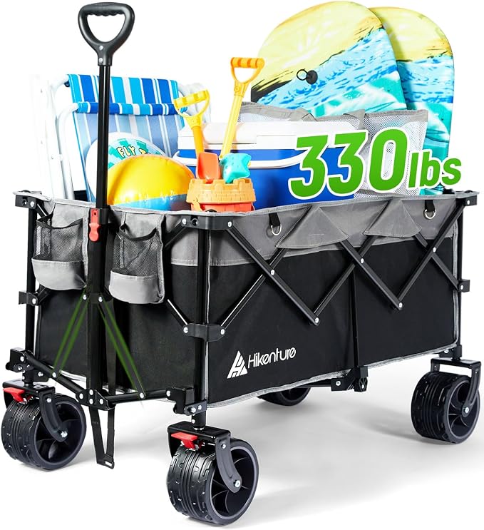 Hikenture Foldable Beach Wagon with Big Wheels for Sand, 330 lbs Capacity | Large wagon for beach, camping, sports & grocery hauling; Big wheels for sand & gravel; One-hand fold