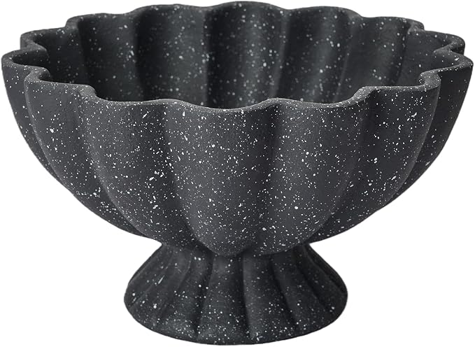 Pedestal Decorative Bowl Home Decor - 7.9" Morden Resin Handmade Decorative Fruit Bowl for Kitchen Counter, Chic Ruffle Bowl Centerpiece Decor for Dining Table Coffee Table (Starry Black)
