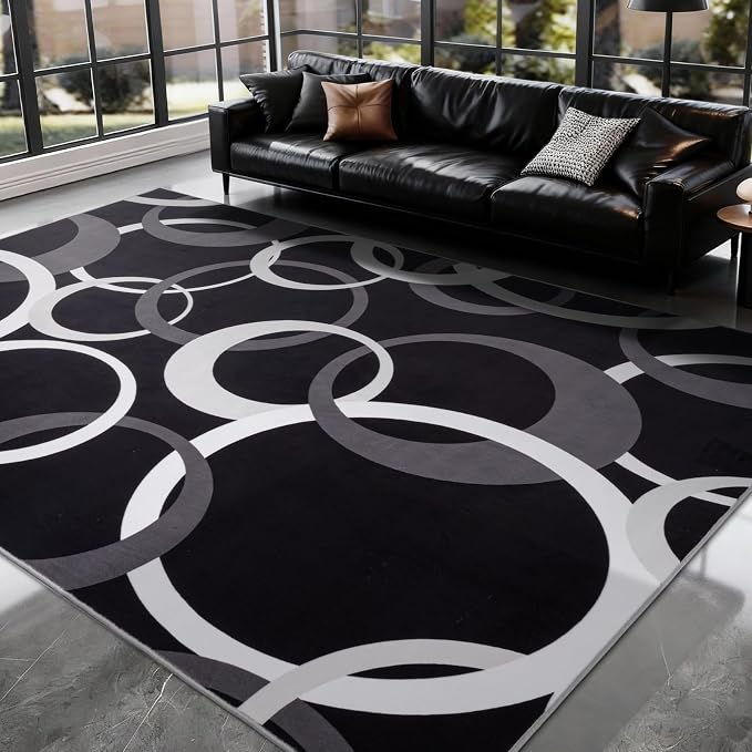 Washable Black and White Living Room Rug Non Slip, Soft 6x9 Area Rugs for Bedroom Dining Room Low Pile, Modern Concentric Circle Pattern Carpet for Playroom Home Office Decor