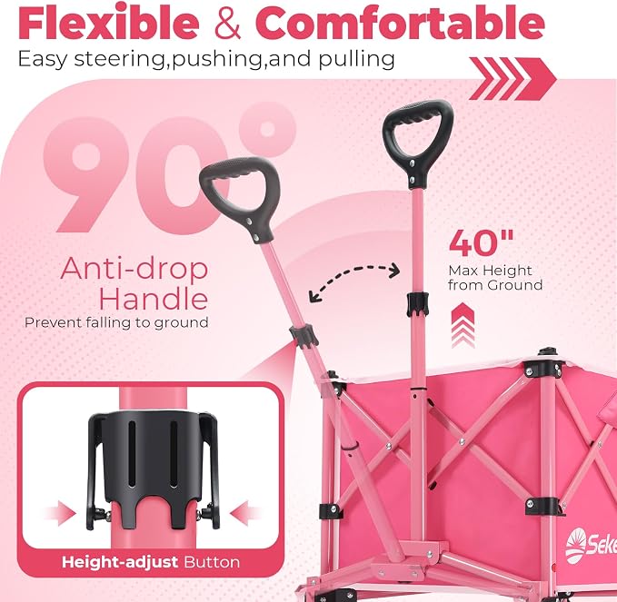 Sekey Collapsible Foldable Wagon with 300lbs Weight Capacity, Heavy Duty Folding Wagon Cart with Big All-Terrain Wheels.Pink