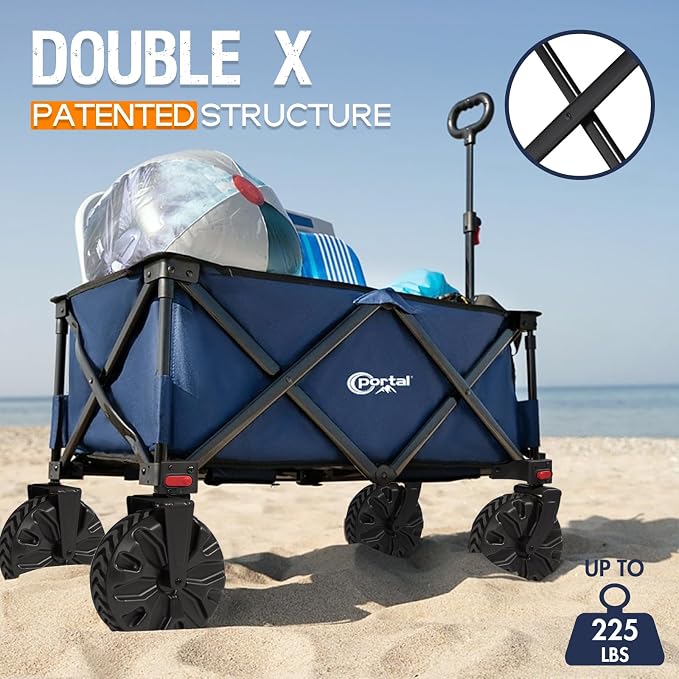 Portal Heavy-Duty Folding Wagon Cart, Large Collapsible Utility Wagon with All-Terrain Wheels for Beach, Camping, Garden & Grocery