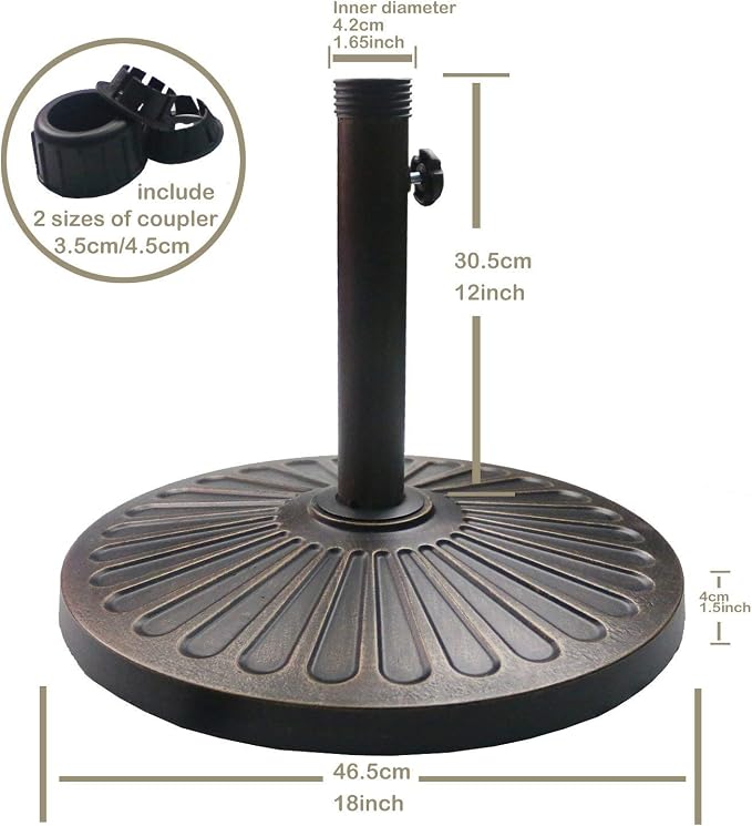 Sunnyglade 7.5' Patio Umbrella 6 Ribs (Blue) | 18" 30.2-lbs Heavy Duty Round Antiqued Umbrella Base, Bronze