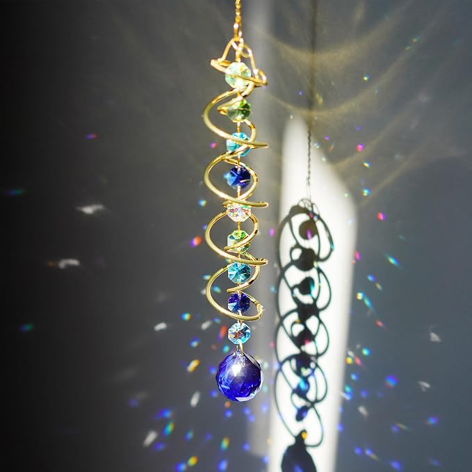 Crystal Gazing Ball Wind Spinner Suncatcher with Hook Decor | Crystal Suncatcher Gazing Ball with Spiral Tail Rainbow Maker Beads Hanging for Window Indoor Outdoor Garden Wedding Decor