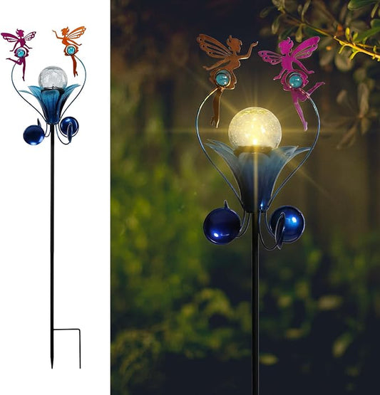 Decorative Solar Outdoor Light, Fairy Glass Globe Stake For Lawn Yard | Solar Fairy Lights With Wind Spinner Design, Crackle Glass Globe, Auto On/Off For Garden, Lawn, Yard