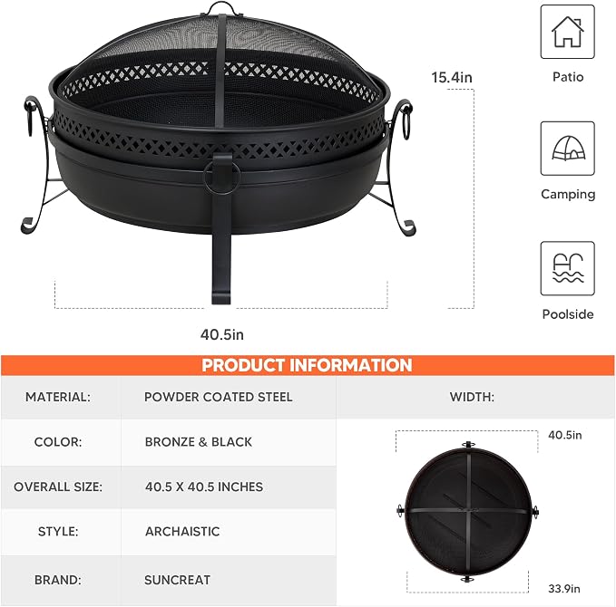 SUNCREAT Outdoor Patio Fire Pit with Mesh Spark Screen, 40" Portable Fire Pit for Camping, Outside, Black